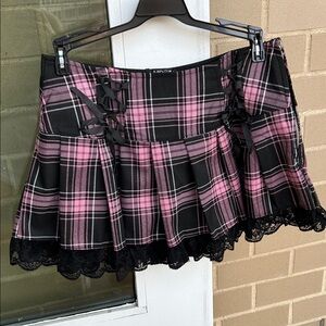 DollsKill Pink and Black Plaid low-waist Skirt with Lace Trim